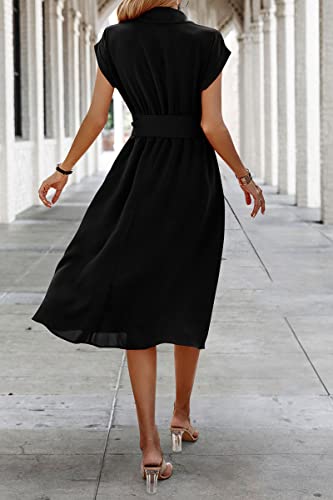 ECOWISH Womens Casual Midi Dresses Solid V Neck Short Sleeve Shirt Dress with Pockets for Spring Summer 2024 Black L - Image 4