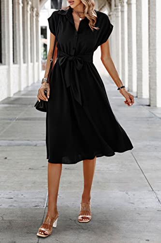ECOWISH Womens Casual Midi Dresses Solid V Neck Short Sleeve Shirt Dress with Pockets for Spring Summer 2024 Black L - Image 2