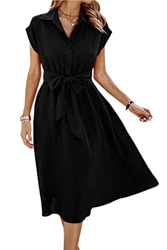 ECOWISH Womens Casual Midi Dresses Solid V Neck Short Sleeve Shirt Dress with Pockets for Spring Summer 2024 Black L - Image 5