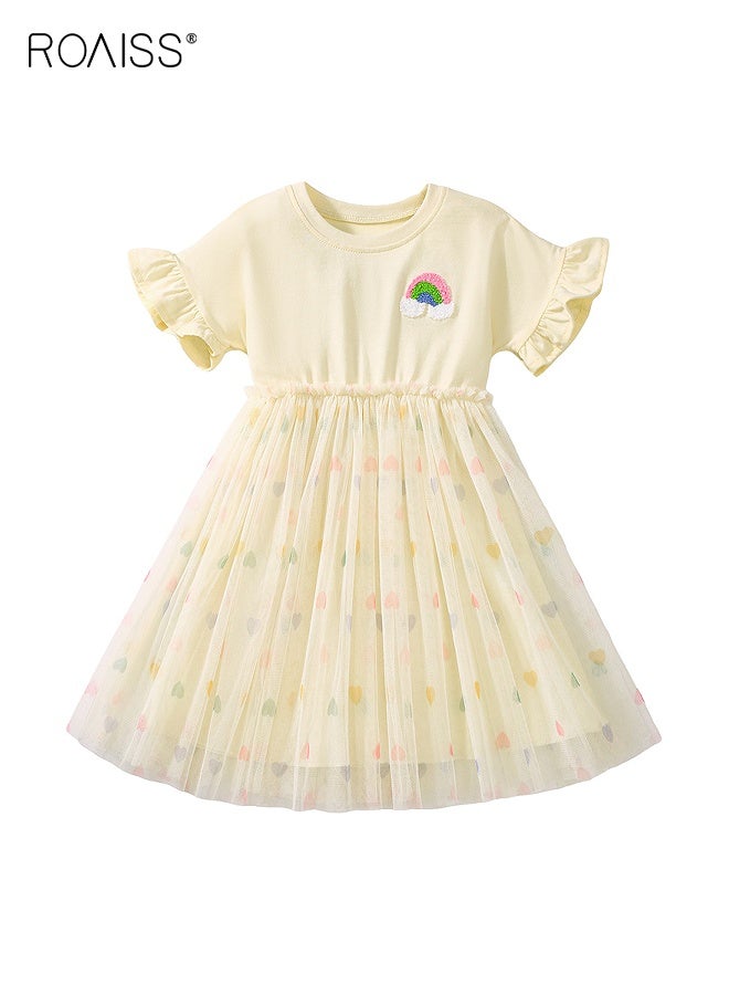 رويس فستان صيفي للبنات بنقوش رائعة وحافة من التول، فستان قطني بأكمام قصيرة مكشكشة، فستان كاجوال أنيق للبنات الصغيرات، مناسب للارتداء اليومي أو في أي مناسبة - Image 2