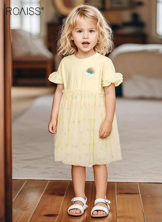رويس فستان صيفي للبنات بنقوش رائعة وحافة من التول، فستان قطني بأكمام قصيرة مكشكشة، فستان كاجوال أنيق للبنات الصغيرات، مناسب للارتداء اليومي أو في أي مناسبة - Image 1
