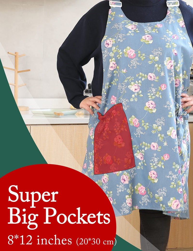 APRONNER Big Plus Size Aprons for Women with Pockets Cotton Linen Baking Kitchen Cooking Rose Flower - Image 2
