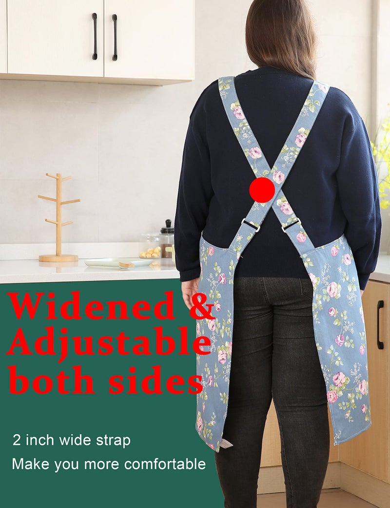 APRONNER Big Plus Size Aprons for Women with Pockets Cotton Linen Baking Kitchen Cooking Rose Flower - Image 3