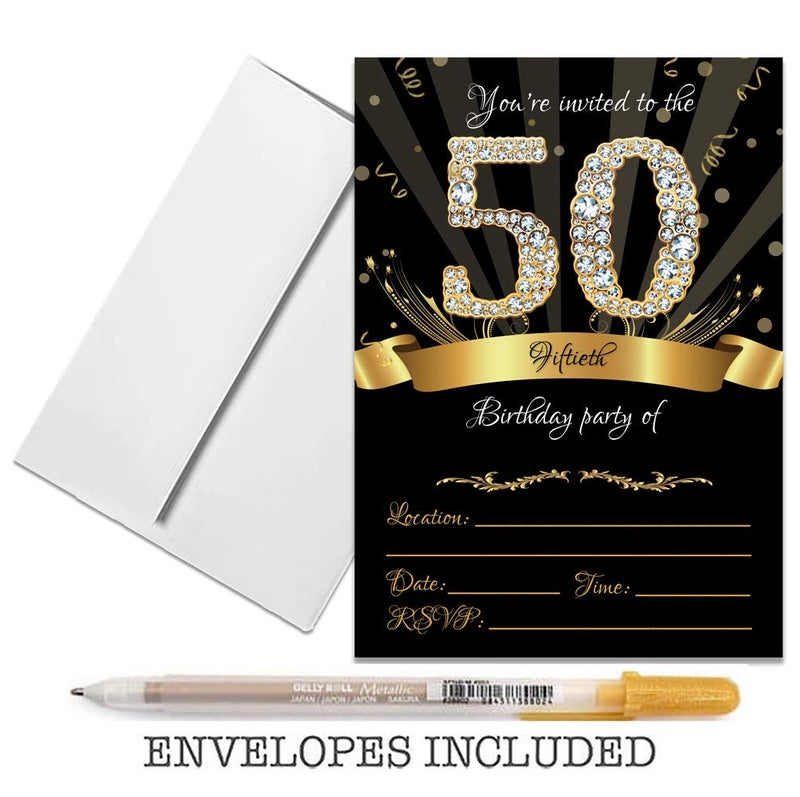 JT Studios 50th Birthday Party Invitations 5x7 Black & Gold Cards with Envelopes and Gold Metallic Pen (Pack of 25) - Image 3