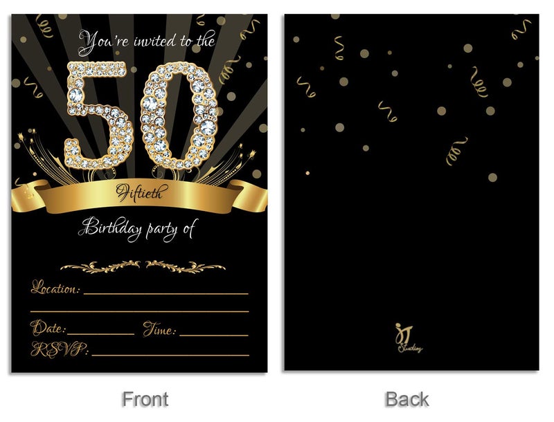 JT Studios 50th Birthday Party Invitations 5x7 Black & Gold Cards with Envelopes and Gold Metallic Pen (Pack of 25) - Image 2