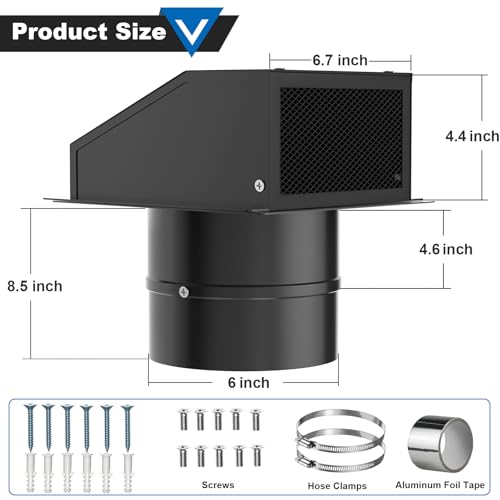 Popbee 6 Inch Wall Vent with Screen and Damper, Galvanized Steel Hooded Wall Vent Cover Black Metal Exhaust Duct Cap Kit with Hose Clamp Aluminum Foil Tape Screw for Outdoor Laundry Room Kitchen Range Hood - Image 2