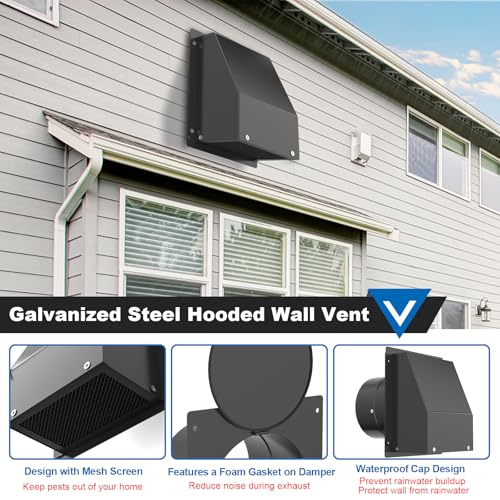 Popbee 6 Inch Wall Vent with Screen and Damper, Galvanized Steel Hooded Wall Vent Cover Black Metal Exhaust Duct Cap Kit with Hose Clamp Aluminum Foil Tape Screw for Outdoor Laundry Room Kitchen Range Hood - Image 3