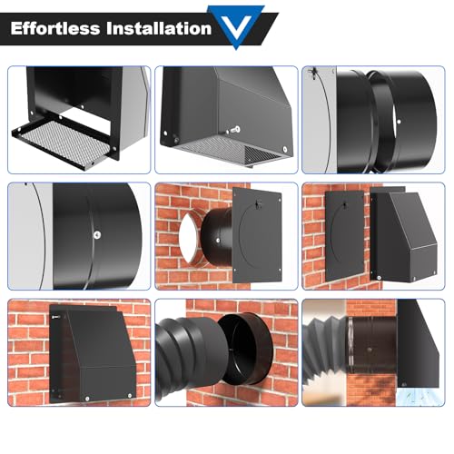 Popbee 6 Inch Wall Vent with Screen and Damper, Galvanized Steel Hooded Wall Vent Cover Black Metal Exhaust Duct Cap Kit with Hose Clamp Aluminum Foil Tape Screw for Outdoor Laundry Room Kitchen Range Hood - Image 5