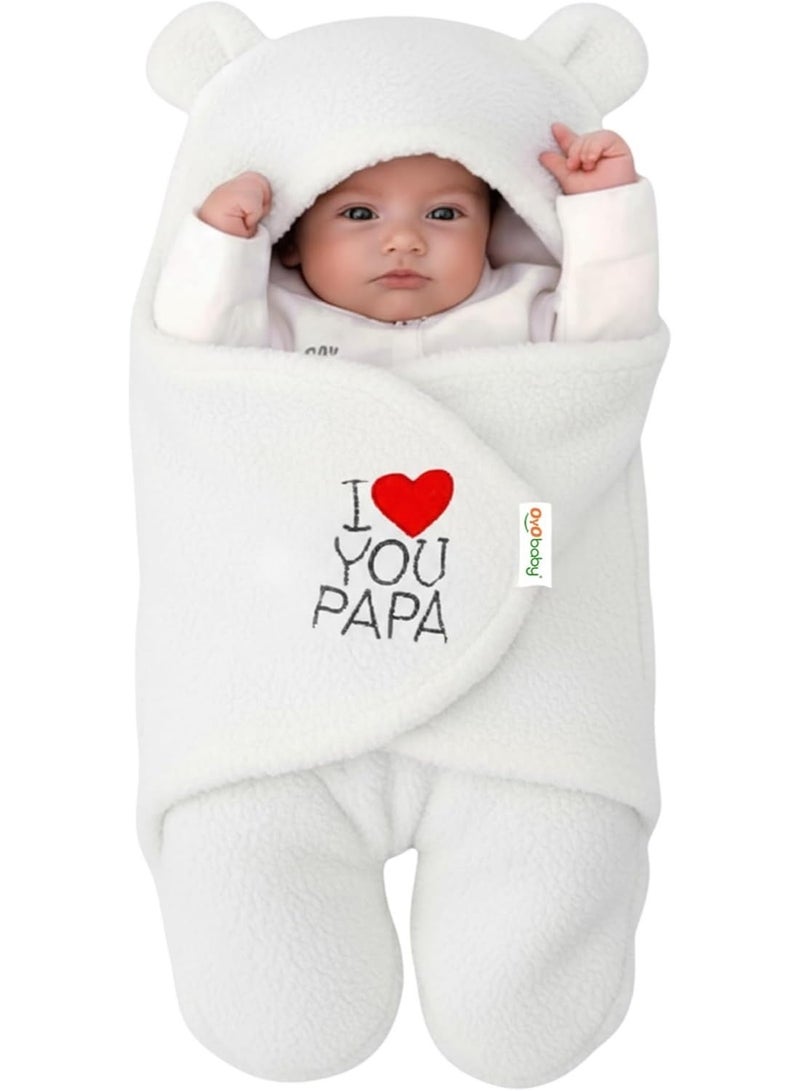OYO BABY Newborn Hooded
  Baby Blanket with Embroidery – Wearable Wrapper Sleeping Bag (0-6 Months,
  White, I Love PAPA) - Image 1