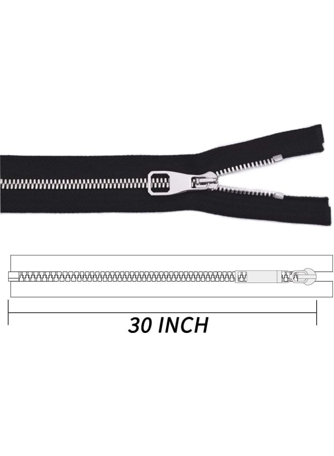 2PCS Metal Zipper #5-Glossy Separating Jaket Zippers for Sewing 30 Inch-Heavy Duty Coats Zippers-VOC Zipper One Way Open Bottom-Black Tape with Sliver Teeth(30"2PCS) - Image 2