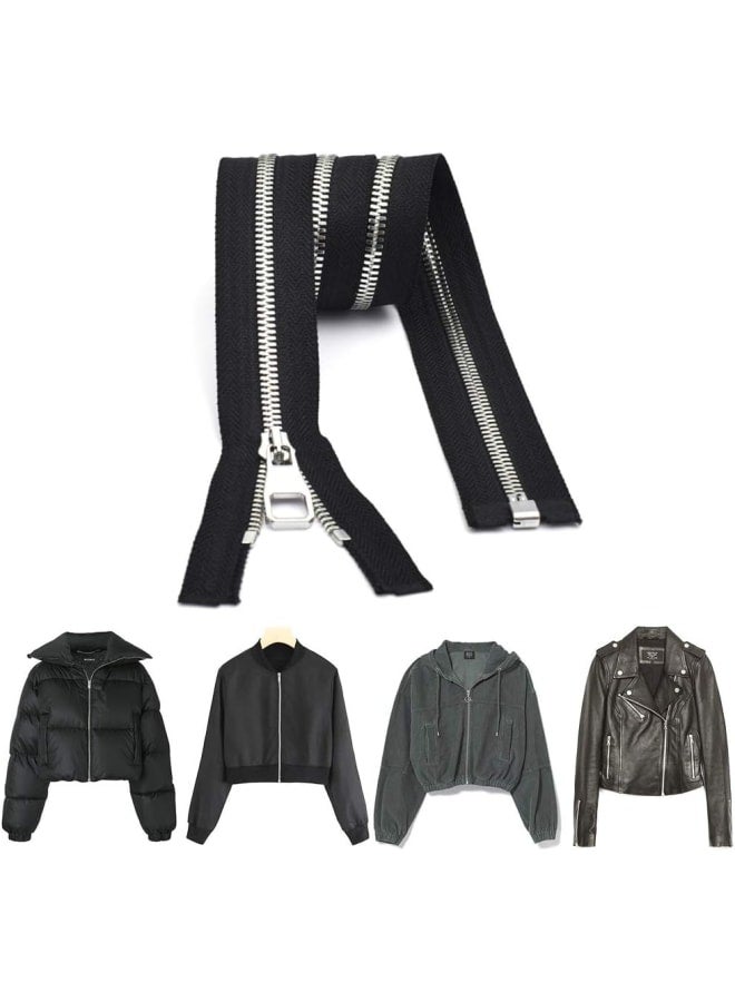 2PCS Metal Zipper #5-Glossy Separating Jaket Zippers for Sewing 30 Inch-Heavy Duty Coats Zippers-VOC Zipper One Way Open Bottom-Black Tape with Sliver Teeth(30"2PCS) - Image 3