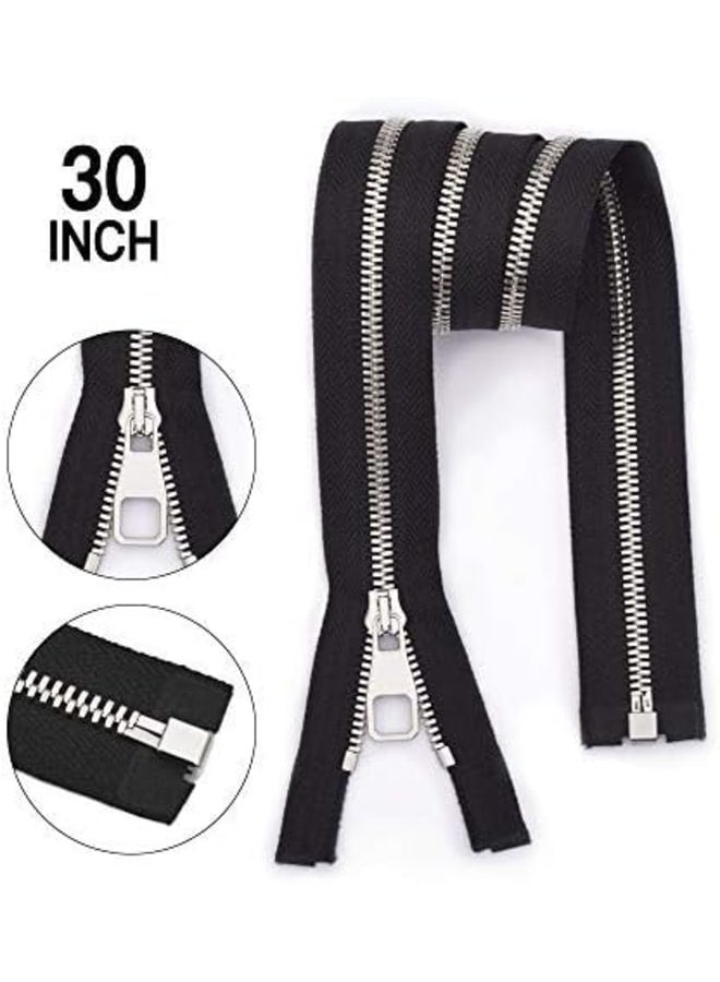 2PCS Metal Zipper #5-Glossy Separating Jaket Zippers for Sewing 30 Inch-Heavy Duty Coats Zippers-VOC Zipper One Way Open Bottom-Black Tape with Sliver Teeth(30"2PCS) - Image 4