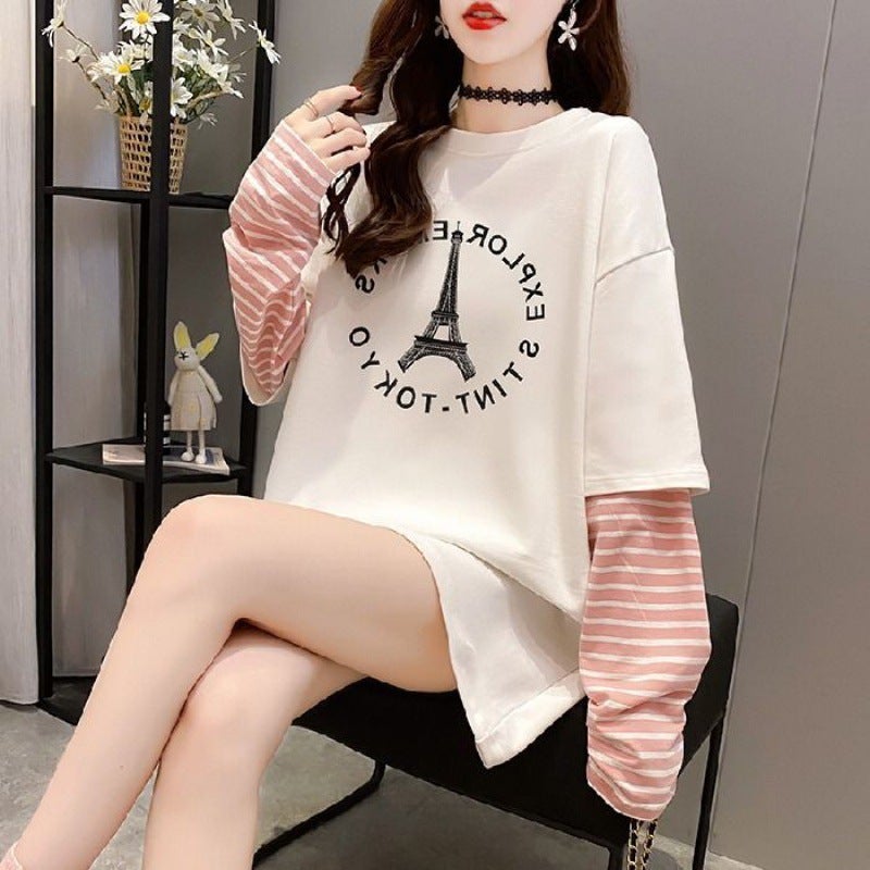 Fake two-piece long-sleeved T-shirt womens spring and autumn loose 2023 new Korean style student bottoming shirt top summer fashion 324 pink stripes