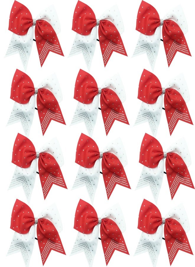 Hipcheer 12PCS 8" Rhinestones Large Cheer Hair Bows for Girls, Hand-made Grosgrain Ribbon Hair Accessories for Teen Girls Softball Cheerleader Sport (Red/White) - Image 1