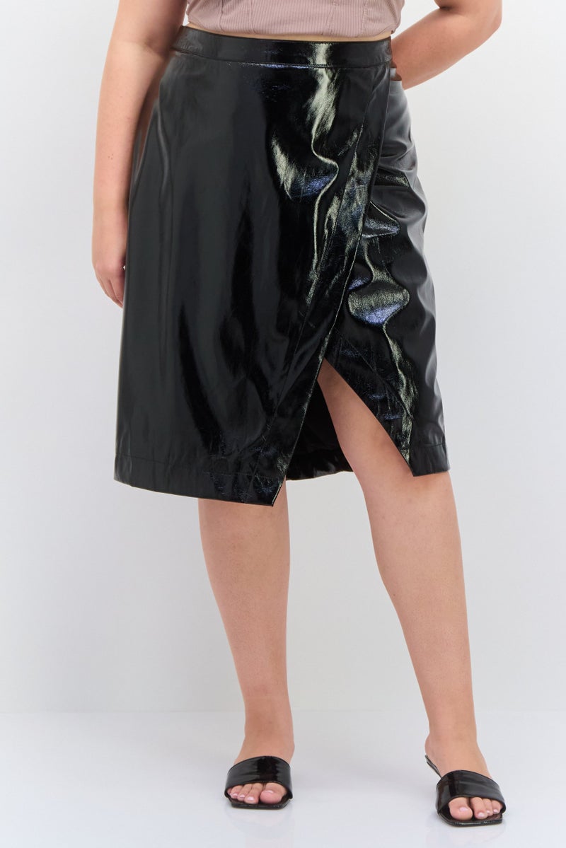 Nina Parker Women Plus Size Plain Wrap Skirts, Black  - Image 1