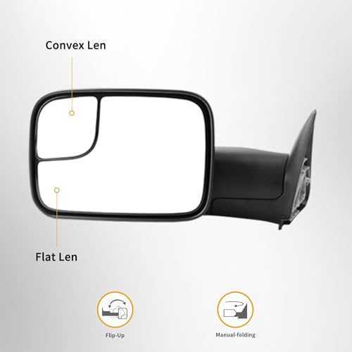 DWVO Towing Mirror fit 1994 1995 1996 1997 1998 1999 2000 2001 Dodge Ram 1500, 94-02 Dodge Ram 2500 3500, Manual Folding Flip Up Tow Mirror Pair Set - Image 4