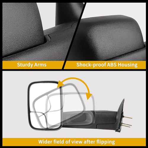 DWVO Towing Mirror fit 1994 1995 1996 1997 1998 1999 2000 2001 Dodge Ram 1500, 94-02 Dodge Ram 2500 3500, Manual Folding Flip Up Tow Mirror Pair Set - Image 5