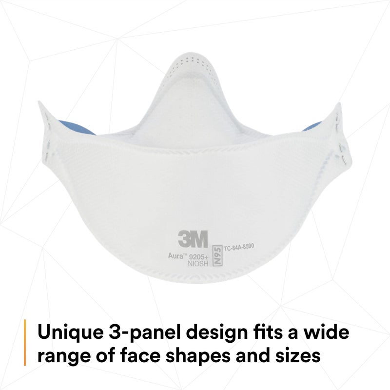 3M Aura Particulate Respirator 9205+, N95, Pack of 20 Disposable Respirators, Individually Wrapped, 3 Panel Flat Fold Design Allows for Facial Movements, Comfortable, NIOSH Approved, Smoke - Image 5