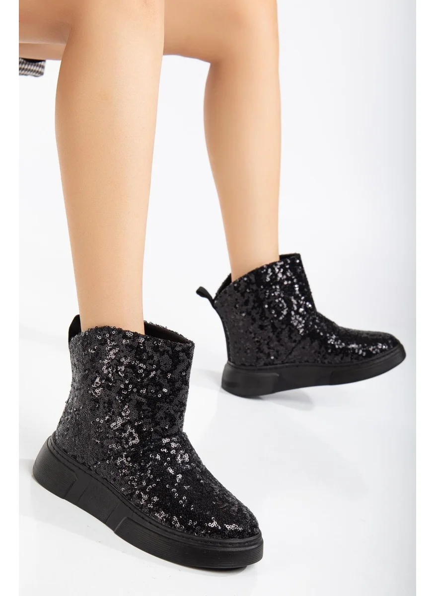 Dilimler Ayakkabı Slices Shoes Women Boots Flat Sole Black Sequined Laceless Shiny