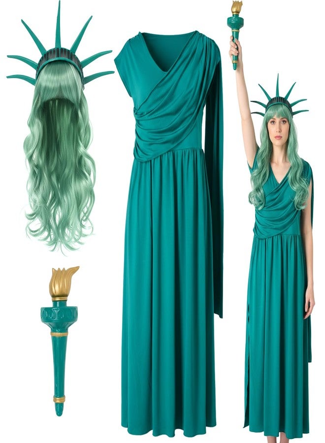 ShinyMatch 4 Piece Statue of Liberty Costume Set with Torch Tiara Green Dress Wig for Women Halloween Parade Patriotic Events, Green, Gold, XL - Image 1