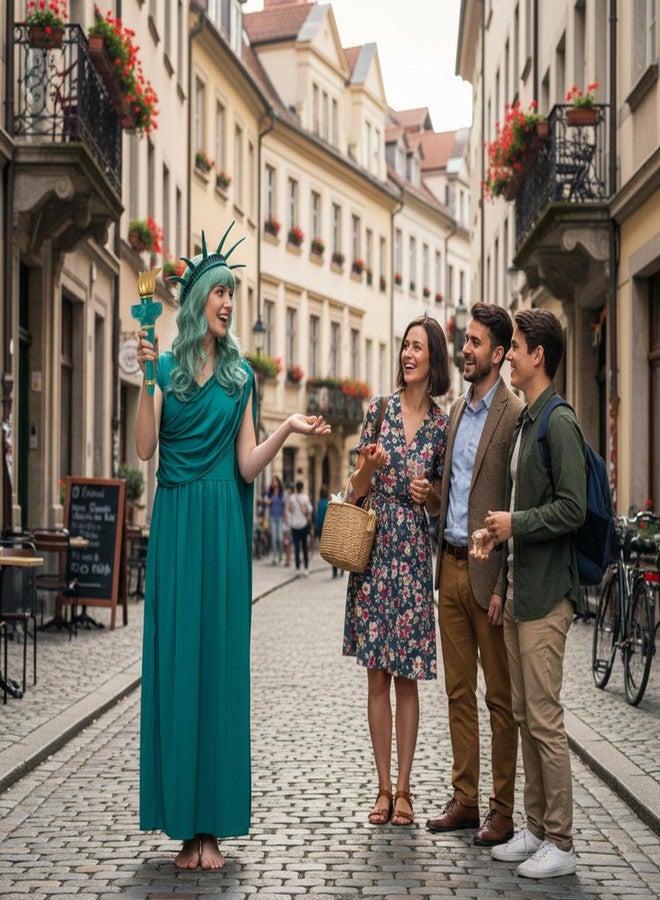 ShinyMatch 4 Piece Statue of Liberty Costume Set with Torch Tiara Green Dress Wig for Women Halloween Parade Patriotic Events, Green, Gold, XL - Image 4
