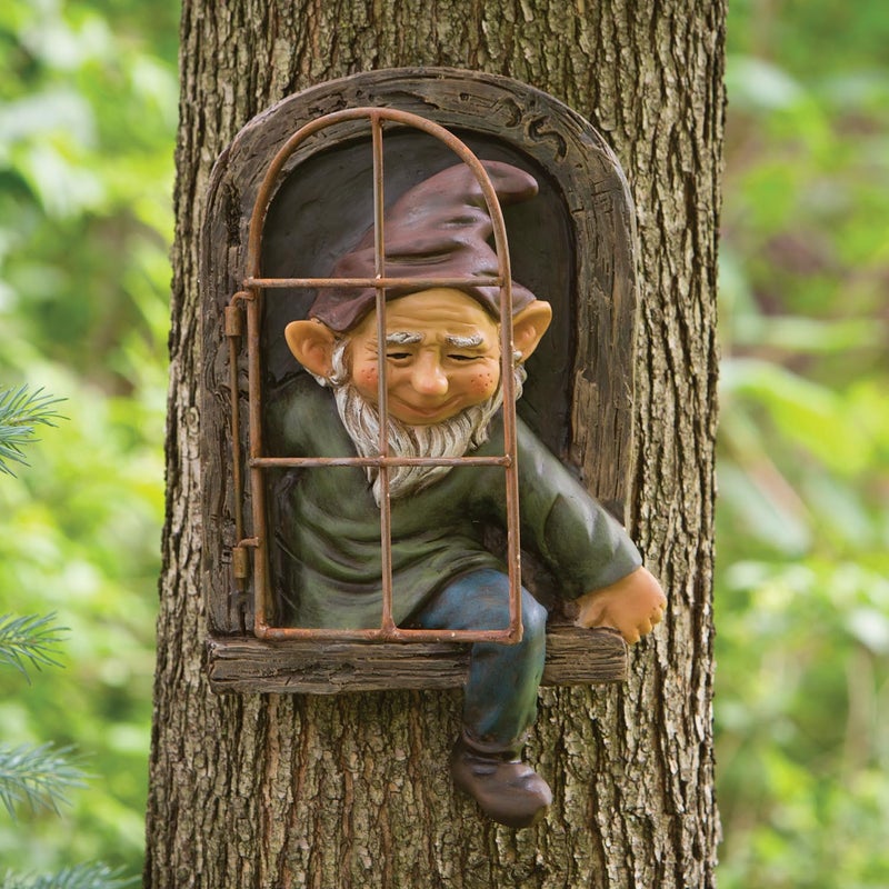Bits and Pieces Elf Out The Window Yard Decorations Outdoor Tree Faces, 12 Inch Tree Hugger Whimsical Yard Decor, Elf, Fairy, Gnome Garden Decorations, Fun Garden Art - Image 1