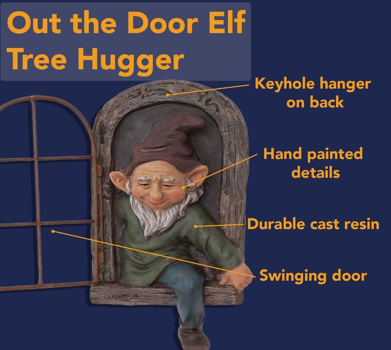 Bits and Pieces Elf Out The Window Yard Decorations Outdoor Tree Faces, 12 Inch Tree Hugger Whimsical Yard Decor, Elf, Fairy, Gnome Garden Decorations, Fun Garden Art - Image 3