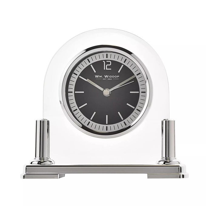 MODERN STYLISH GLASS SILVER TWO TONE QUARTZ ARCHED DESIGN MANTEL CLOCK BY WM WIDDOP