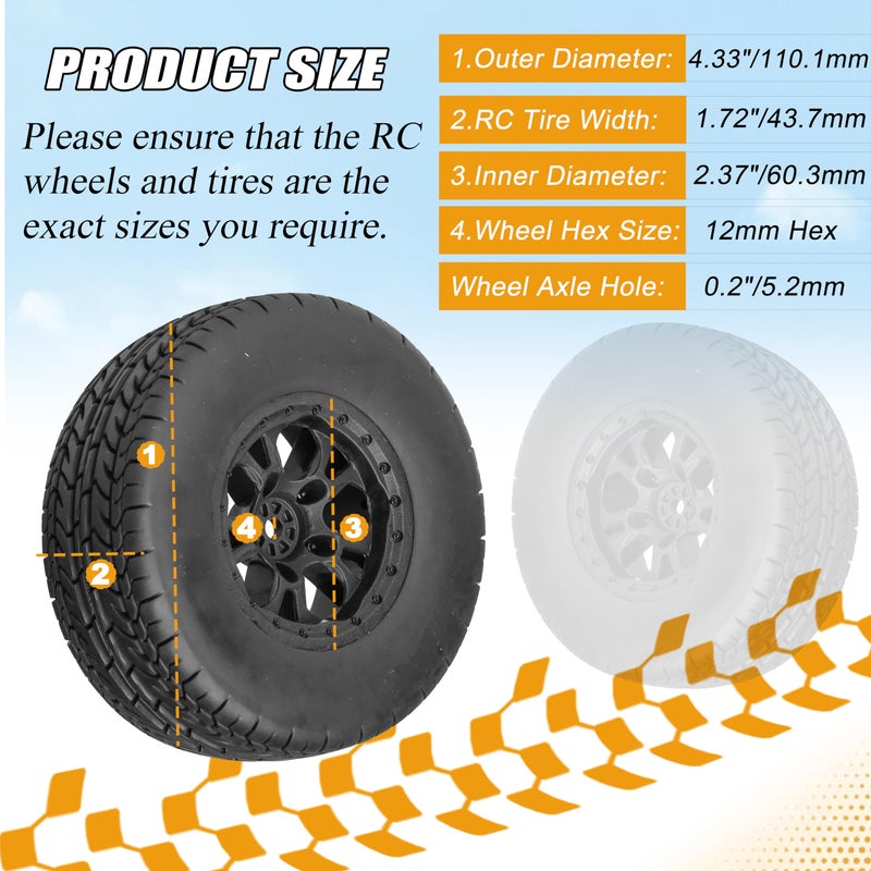RC Station 12mm Hex RC Wheels and Tires for 4x4 2WD Traxxas Slash Arrma Senton Tires and Wheels Preglued 1/10 RC Short Course Truck Tires and Wheels OD 4.25" with Foam Inserts 4PCS for Redcat HPI HSP - Image 2