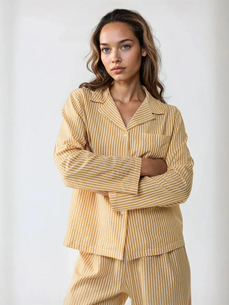 Hiccup Lemon Yellow Striped Cotton Pajama Set for Women | Best Price UAE