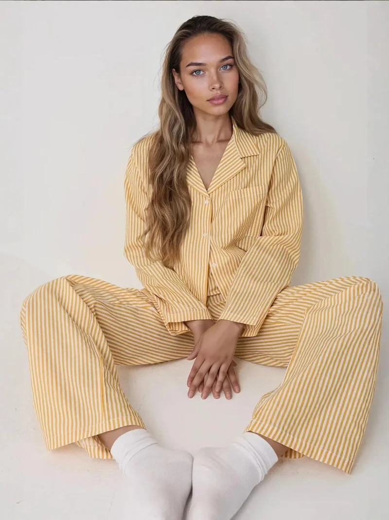 Hiccup Lemon Yellow Striped Cotton Pajama Set for Women | Best Price UAE