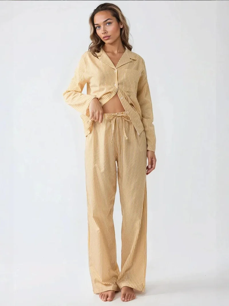 Hiccup Lemon Yellow Striped Cotton Pajama Set for Women | Best Price UAE