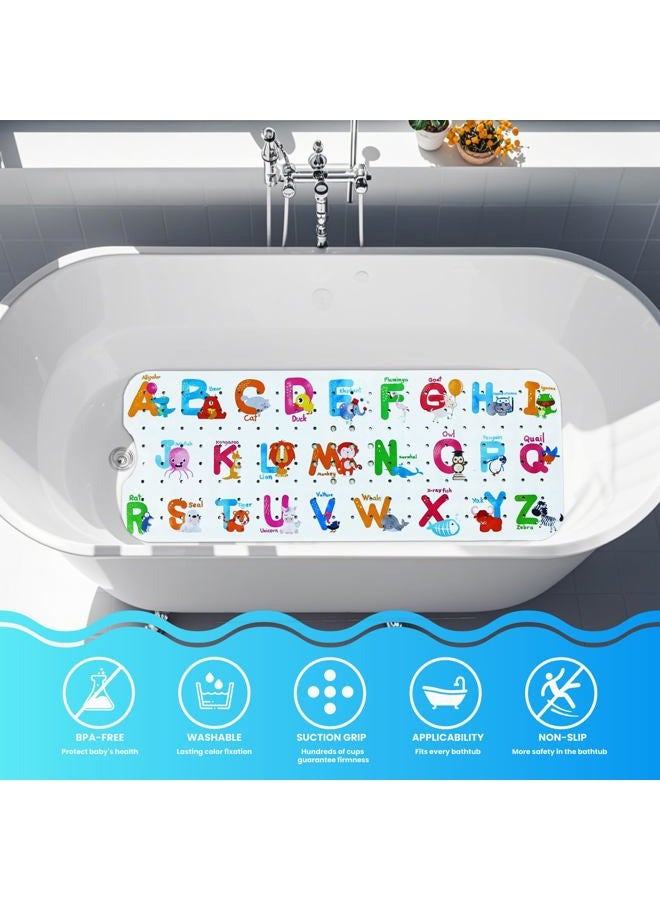 Linoows Baby Bath Tub Mat, Extra Large Non Slip Kids Cartoon Bathtub Shower Mats with Suction Cups & Drain Holes, Machine Washable for Bathroom, 40 x 16 Inch, Alphabet Animals Pattern - Image 2
