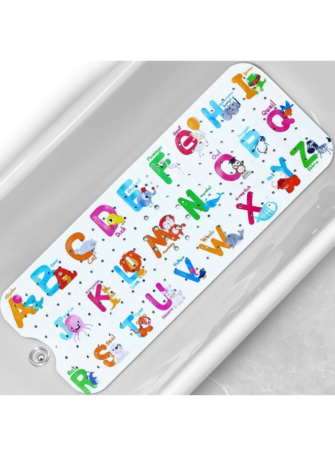 Linoows Baby Bath Tub Mat, Extra Large Non Slip Kids Cartoon Bathtub Shower Mats with Suction Cups & Drain Holes, Machine Washable for Bathroom, 40 x 16 Inch, Alphabet Animals Pattern - Image 1