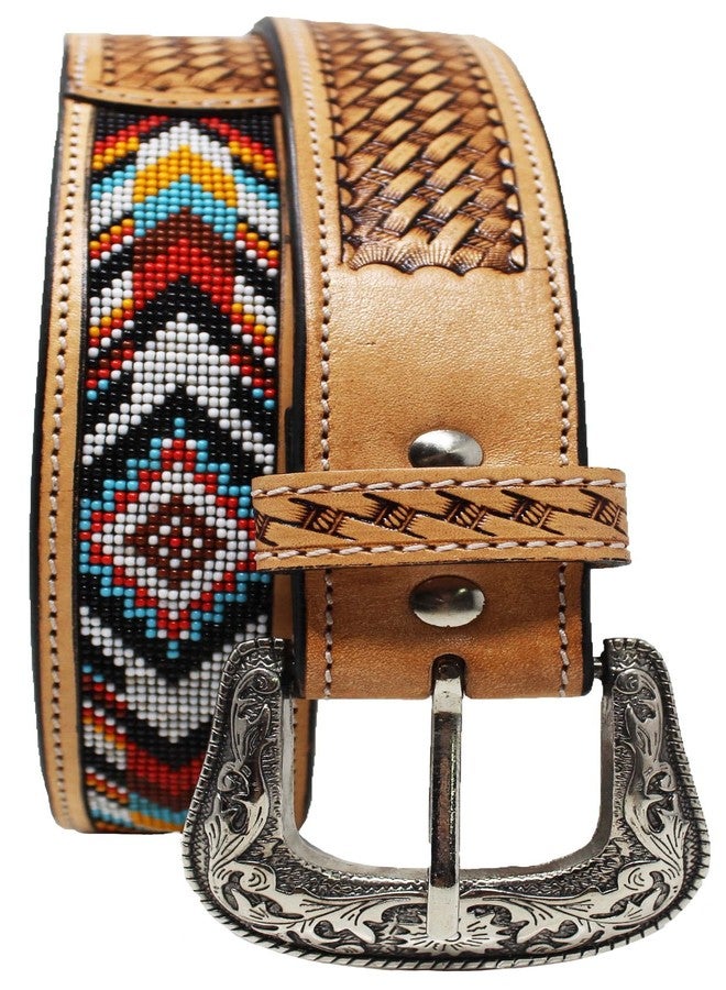 CHALLENGER 29-30 Western Antique Basket Weave Tooled Beaded Full-Grain Leather Belt 26FK53 - Image 2