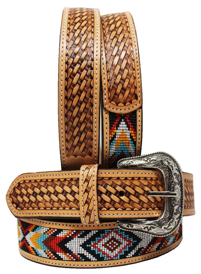 CHALLENGER 29-30 Western Antique Basket Weave Tooled Beaded Full-Grain Leather Belt 26FK53 - Image 1