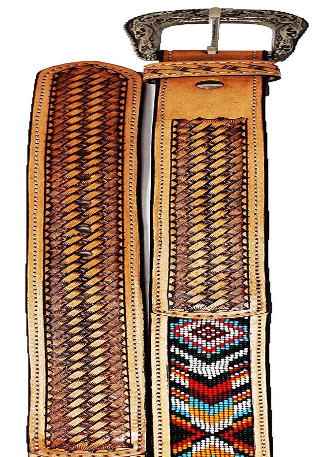CHALLENGER 29-30 Western Antique Basket Weave Tooled Beaded Full-Grain Leather Belt 26FK53 - Image 3