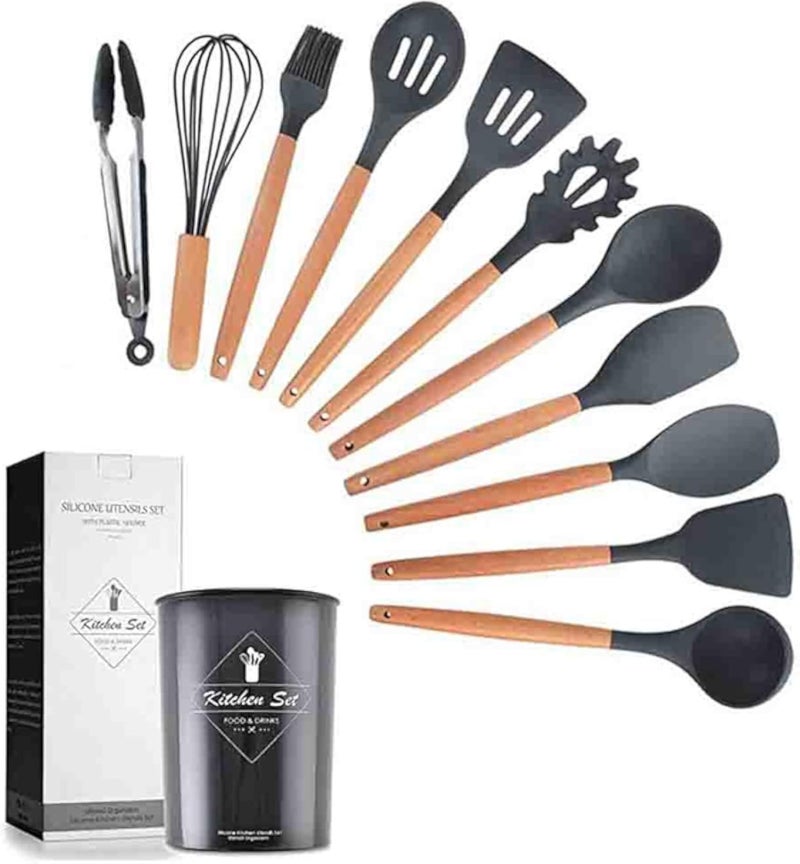Monoptilon 11 Pieces Silicone Cooking Utensils Set with Storage Bucket, Nonstick Cookware, Heat Resistant Kitchen Untensils Set with Nature Wood Handles (Black)
