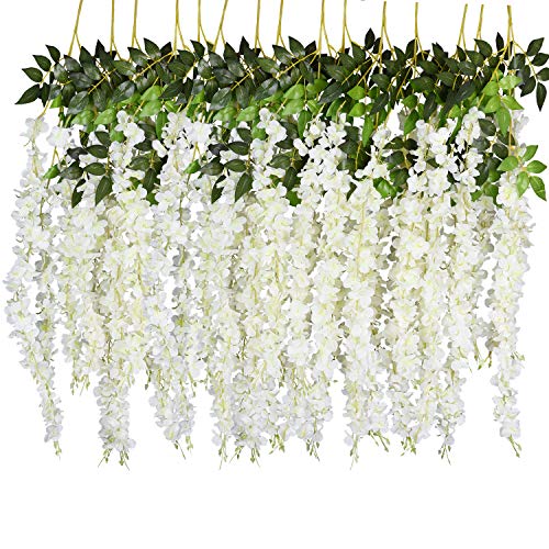 DearHouse 6 Pack 3.75 Feet/Piece Artificial Fake Wisteria Vine Ratta Hanging Garland Silk Flowers String Home Party Wedding Decor (6PCS-Large White Wisteria) - Image 1