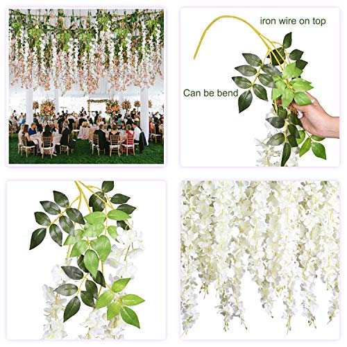 DearHouse 6 Pack 3.75 Feet/Piece Artificial Fake Wisteria Vine Ratta Hanging Garland Silk Flowers String Home Party Wedding Decor (6PCS-Large White Wisteria) - Image 2