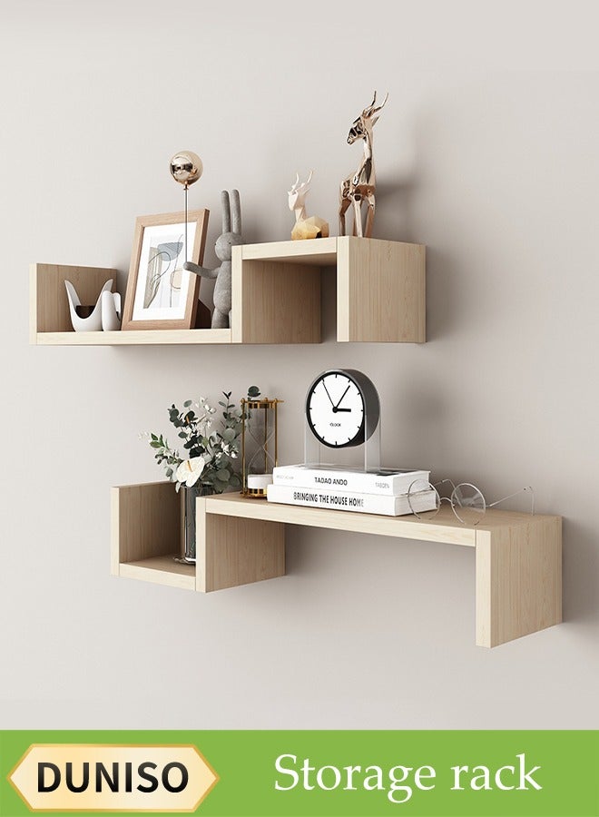 DUNISO TWO-Layer Floating Shelves, Decorative Wall Shelves，Wooden Storage Rack，Free Combination，Suitable for Living Room, Bedroom, Bathroom，Light Walnut Color - Image 1