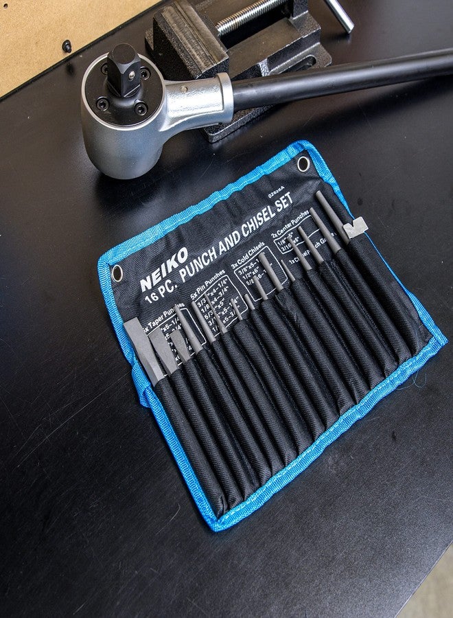 نيكو طقم مثقب وإزميل نيكو 02626A | 16 قطعة | أزاميل باردة، مدببة، دبوسية، وثاقب مركزية | فولاذ كروم فاناديوم | جراب قابل للطي | مقياس طرف الإزميل | مصقول ومصقول | رأس دق مدبب - Image 4