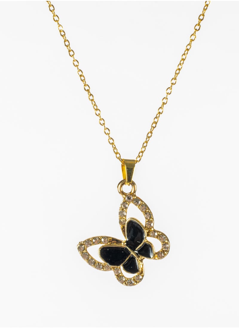 The Black Pearl Accessories - Stainless Steel Neckalce Gold with a Zirconic Black Butterfly Pendant - Image 1