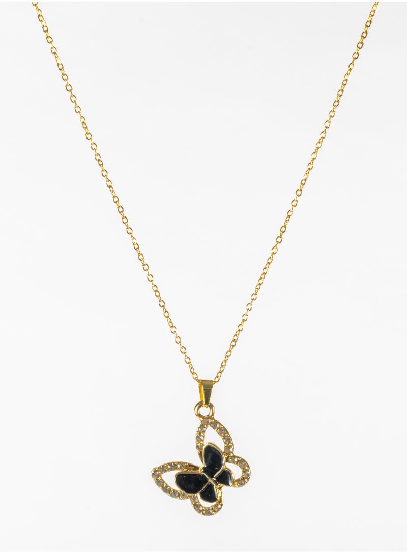 The Black Pearl Accessories - Stainless Steel Neckalce Gold with a Zirconic Black Butterfly Pendant - Image 1