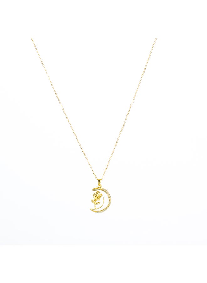 The Black Pearl Accessories White Zirconic Golden Stainless Steel Cresent & Flower Pendant Necklace - Image 2