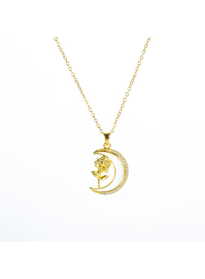 The Black Pearl Accessories White Zirconic Golden Stainless Steel Cresent & Flower Pendant Necklace - Image 1