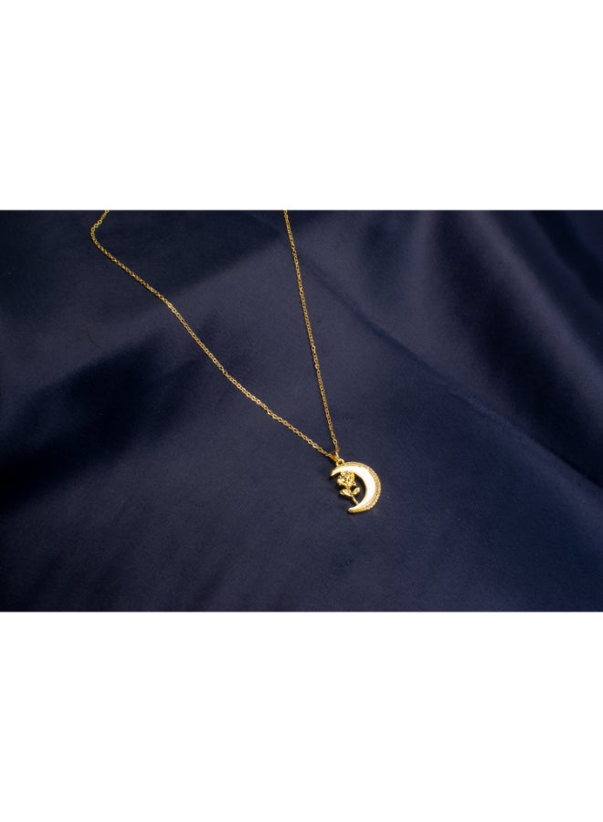 The Black Pearl Accessories White Zirconic Golden Stainless Steel Cresent & Flower Pendant Necklace - Image 3