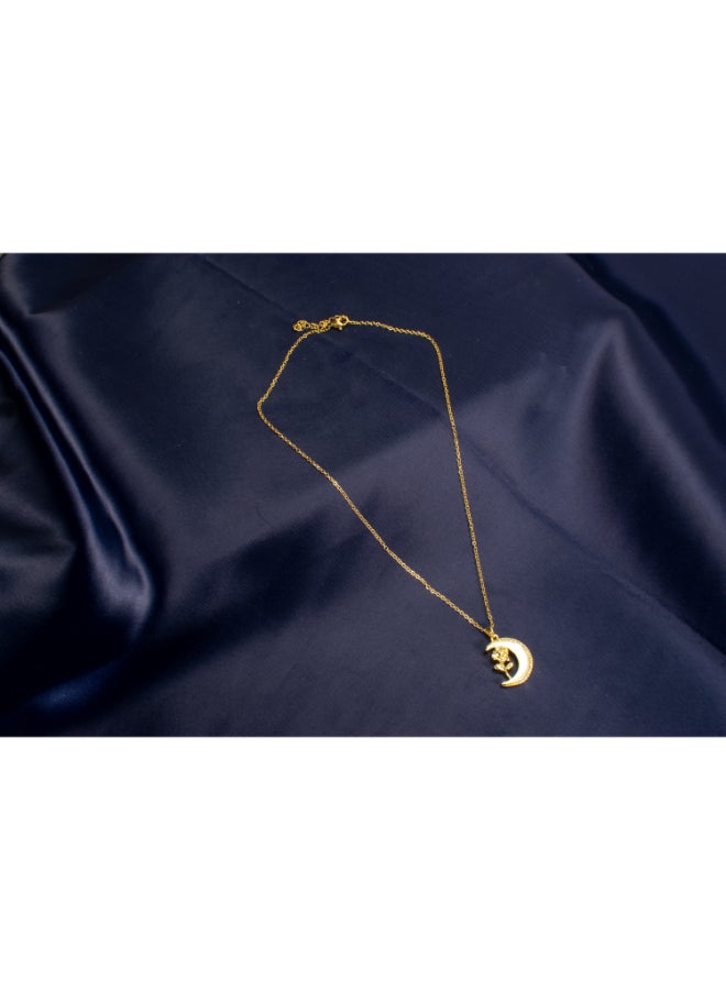 The Black Pearl Accessories White Zirconic Golden Stainless Steel Cresent & Flower Pendant Necklace - Image 4
