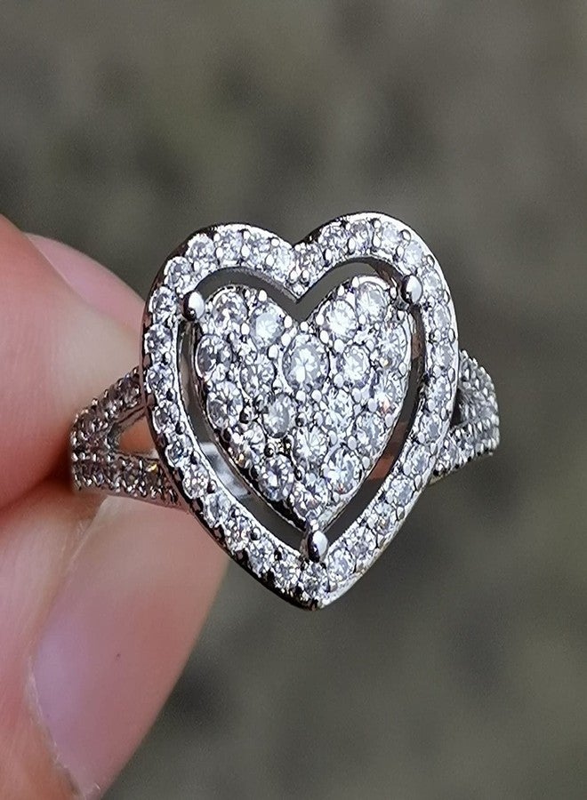 GUIDECUN Dainty Women's White Gold Plated Pavé-Set Cluster White Cubic Zirconia Love Heart-shaped Wedding Promise Rings (US size 9) - Image 4