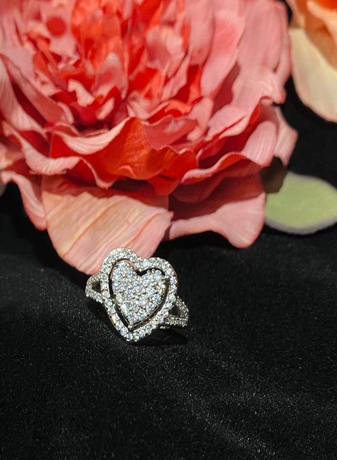 GUIDECUN Dainty Women's White Gold Plated Pavé-Set Cluster White Cubic Zirconia Love Heart-shaped Wedding Promise Rings (US size 9) - Image 3